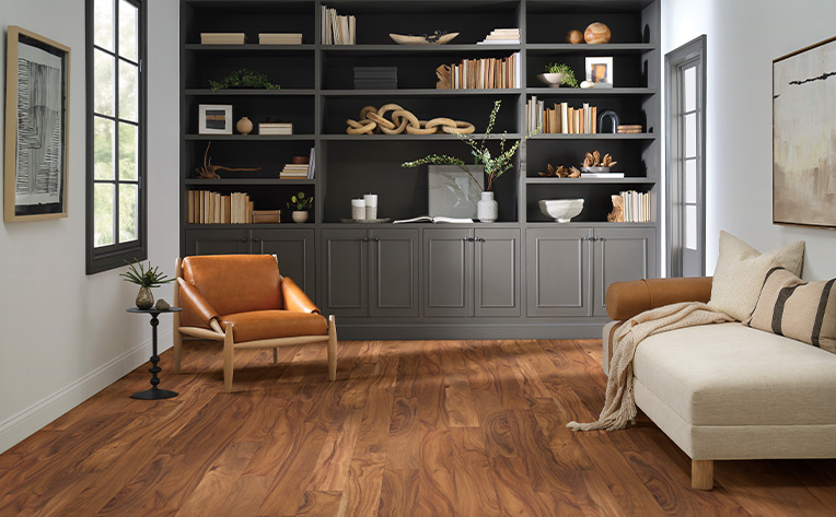warm toned hardwood flooring in home office